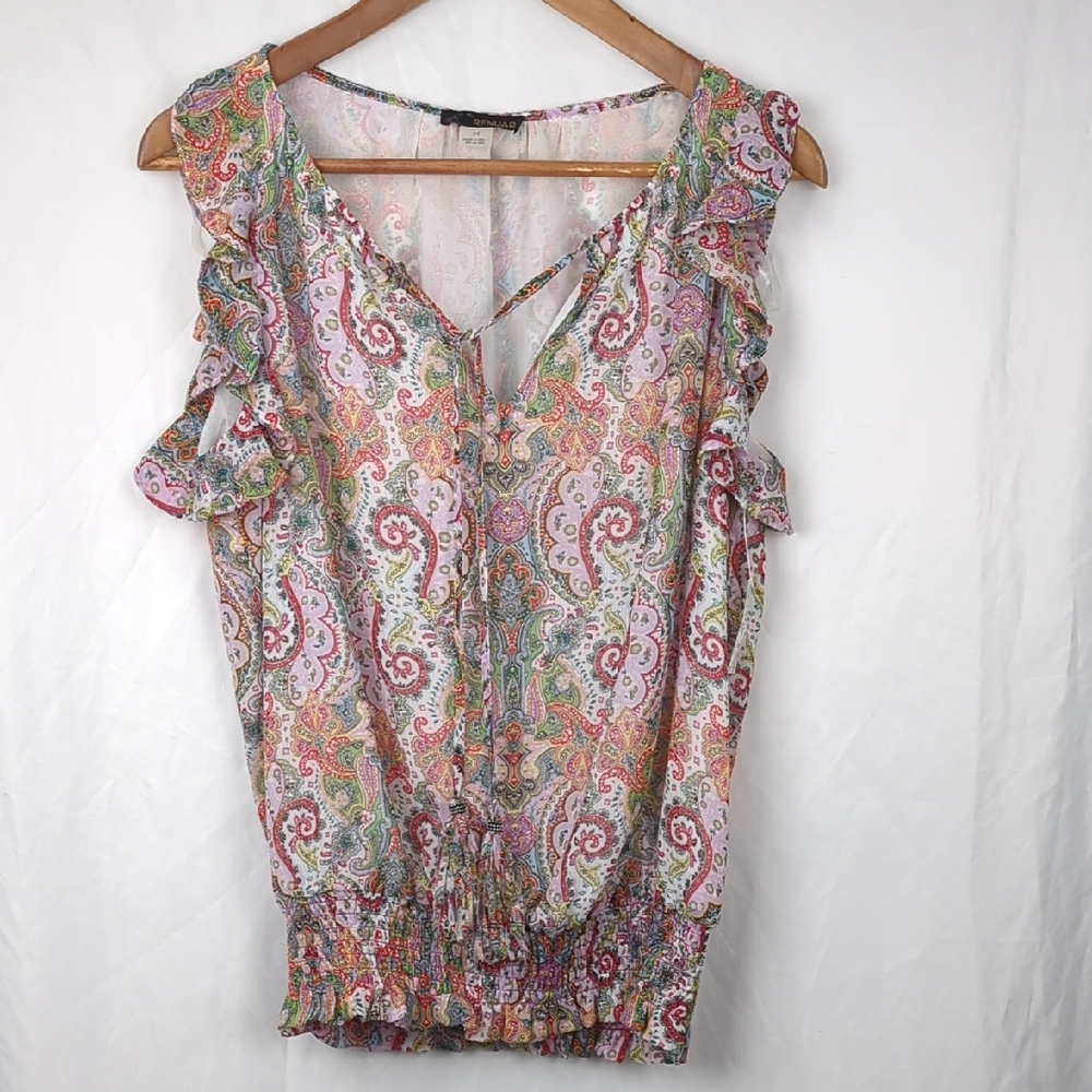RENUAR Women's New Sleeveless Ruffle Paisley Print Blouse